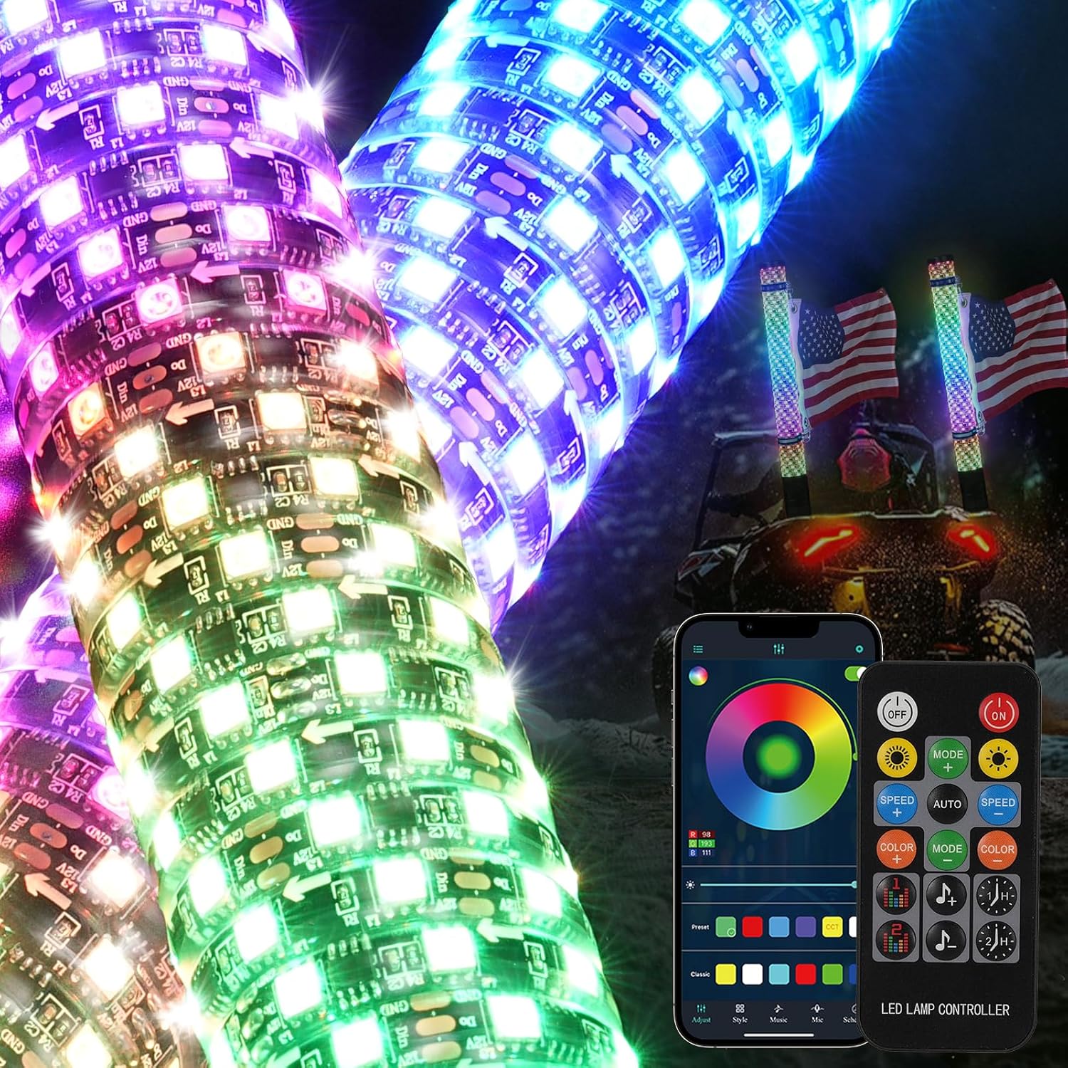 Lumi&egrave;res de fouet &agrave; LED en spirale &agrave; 360 &deg;, lumi&egrave;res de fouet pour VTT, lumi&egrave;res de fouet &agrave; LED en spirale t&eacute;l&eacute;command&eacute;es, lumi&egrave;res de fouet &agrave; LED pour Sxs, lumi&egrave;re de fouet de chasse de contr&ocirc;le APP